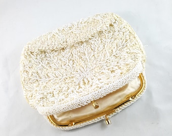 White Beaded Art Deco Clutch Purse Evening Bag Scalloped Vine