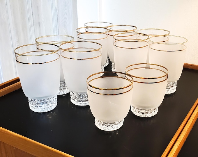 Gorgeous  10 piece set of Mid Century Frosted Tumblers with hobnail bases and Gold Banding