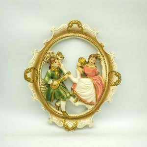 Vintage Hand Painted Art Plaster chalkware Hand-painted Gilded 1960s Fancy Plaque Wall Hanging with 19th Century Couple