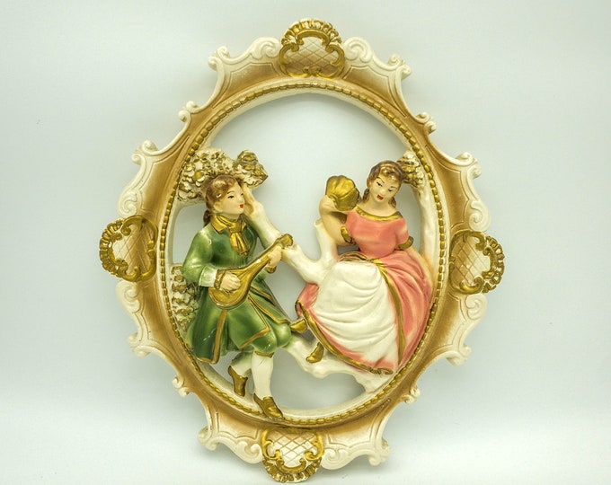 Vintage Hand Painted Art Plaster chalkware Hand-painted Gilded 1960s Fancy Plaque Wall Hanging with 19th Century Couple