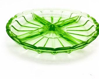 Green Glass Etched Faceted Partitioned Organizer dish