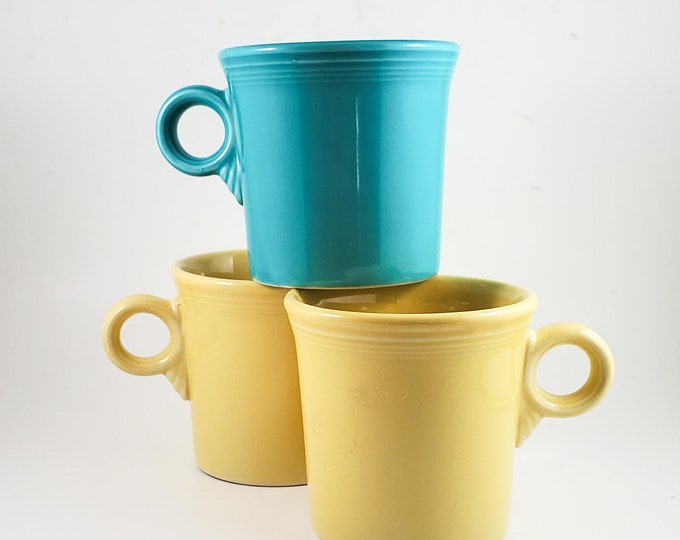 3 Vintage Collectible Fiestaware Mugs in Blue and Yellow, Homer Laughlin