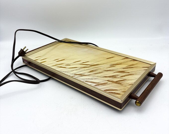 Fabulous Functional 1960's Warming Tray with cord in Gold with Wheat Sheaf Pattern from Rival Manufacturing. Wood Handles and Rubber Feet.