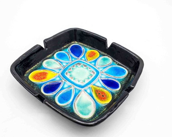 Beauty of a Mid Century Italian SQUARE Ashtray/Trinket Dish with gorgeous Glaze in Blue, green Yellow and Orange