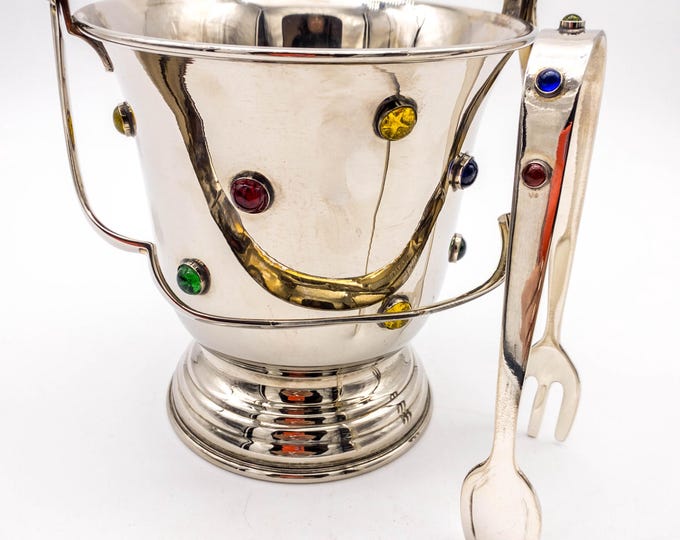 Vintage Mid Century Chrome Jeweled Ice Bucket with Red Yellow Green Blue jewels