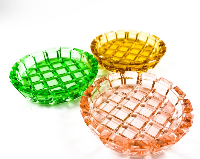 Sweet Little Personal Ashtrays in waffle cut glass. Peach, Amber and Green.