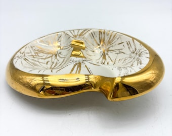 Fabulous Mid Century Amoeba Ashtray with Gold Rim and Accents, Plymouth Products
