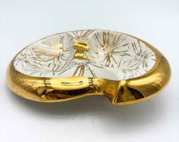 Fabulous Mid Century Amoeba Ashtray with Gold Rim and Accents, Plymouth Products