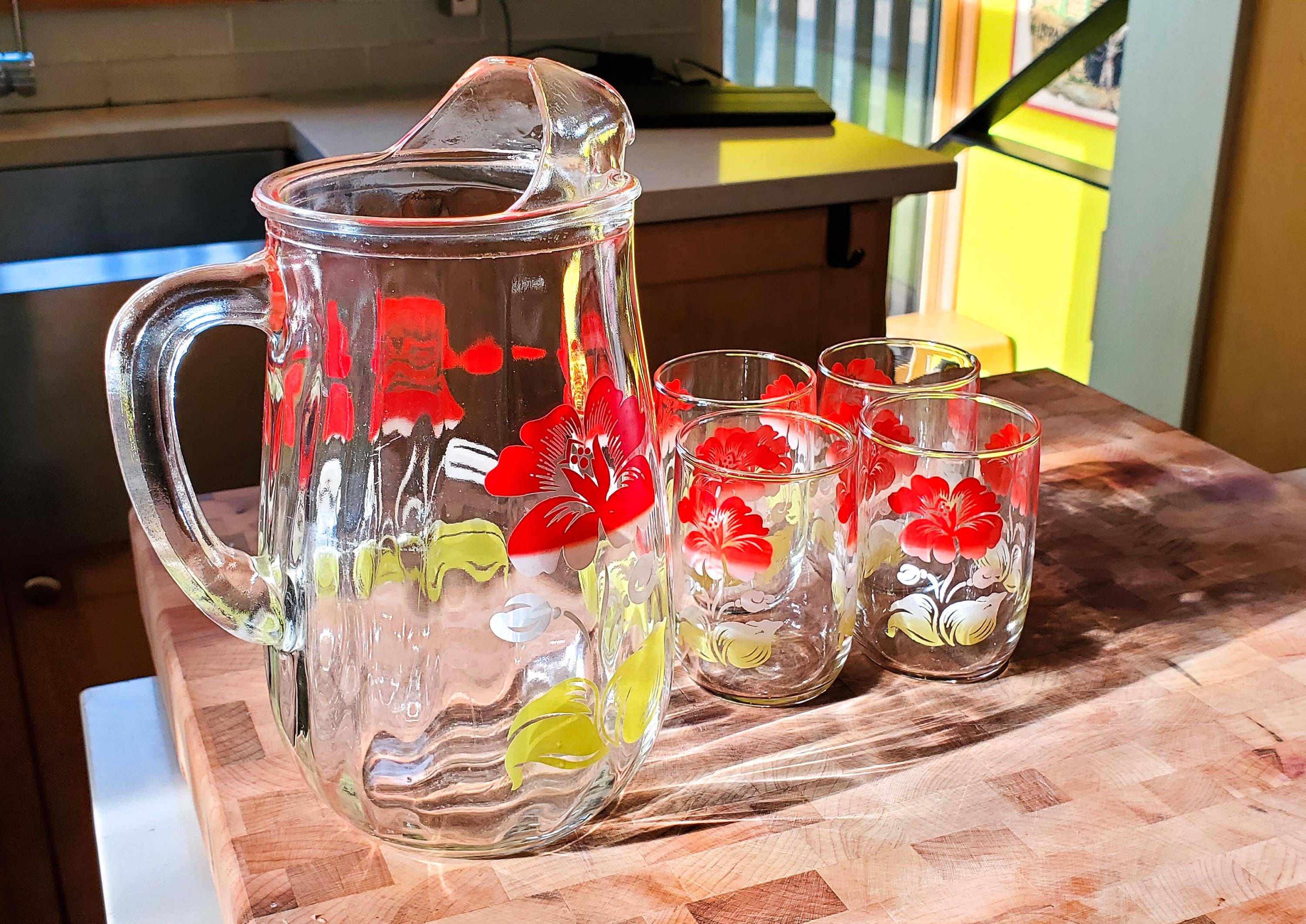 Adorable Little Floral Glass Juice Pitcher With Red and Yellow Flowers and  4 Matching Glasses 