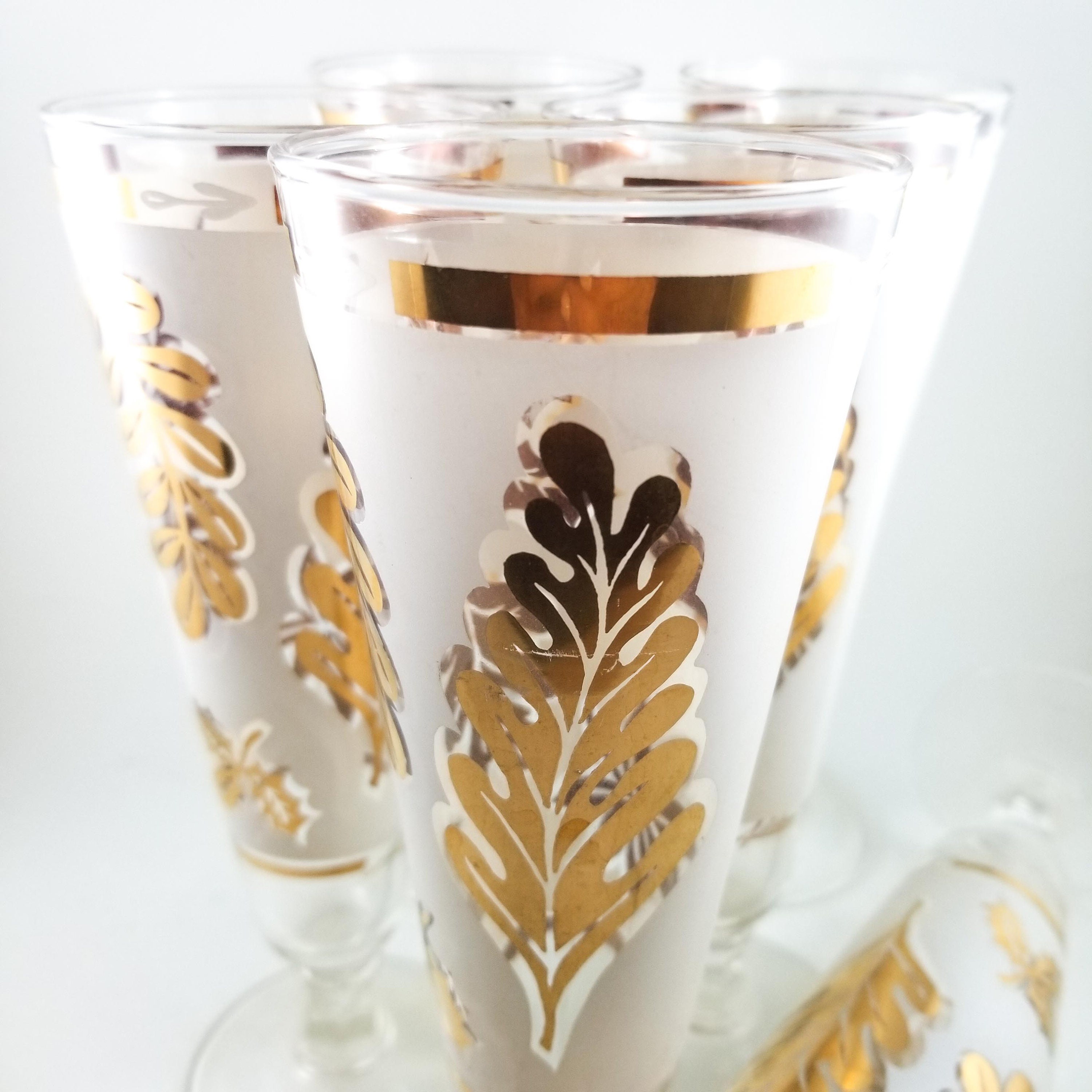 Libbey Frosted Gilt Pilsner Beer Glass Set 6 glasses with Leaf Motif