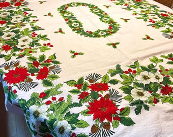 1950's Xmas Cotton Cloth with Berries, Poinsetta and Evergreens, 64" x 50"