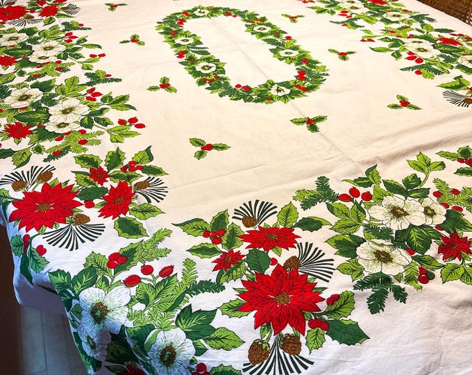 1950's Xmas Cotton Cloth with Berries, Poinsetta and Evergreens, 64" x 50"