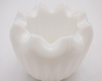 Gorgeous White Art Glass Vase/Planter with Pinch rim scallops and ridged body