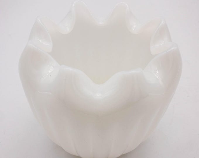 Gorgeous White Art Glass Vase/Planter with Pinch rim scallops and ridged body