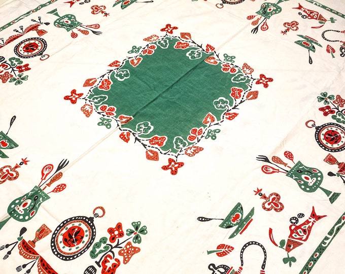 Gorgeous 1950's Dutch Folk Art Cotton Tablecloth with Kitchen Themed Objects like a coffee pot, Utensils, Doilies etc.