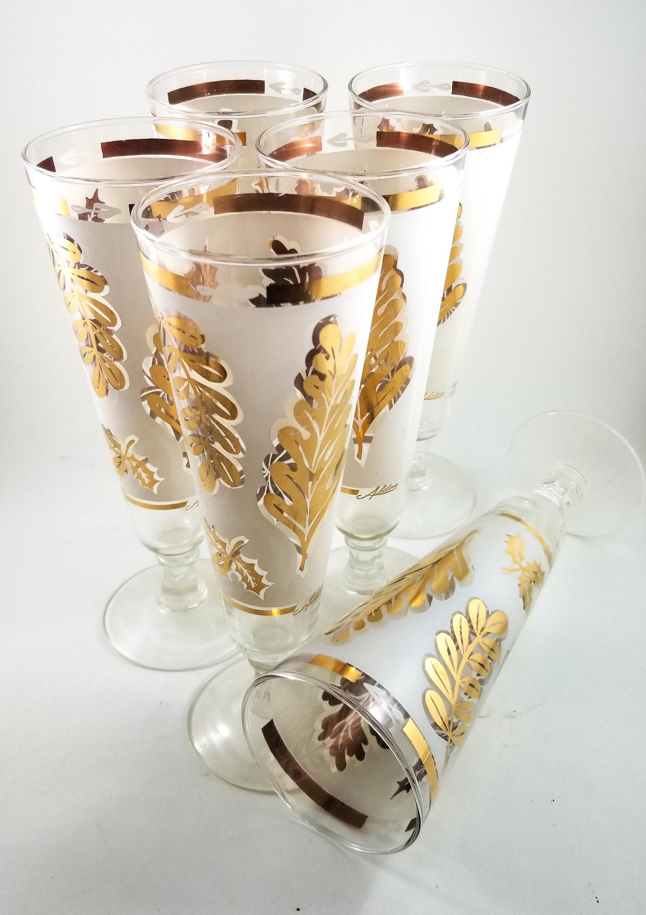 Libbey Frosted Gilt Pilsner Beer Glass Set 6 glasses with Leaf Motif