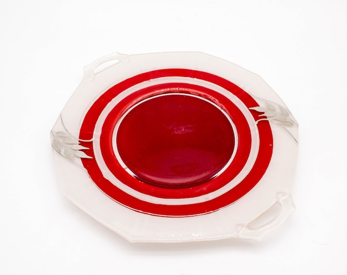 Stunning RED Pressed Glass Cookie/Dessert Plate with handles and Silver Branches