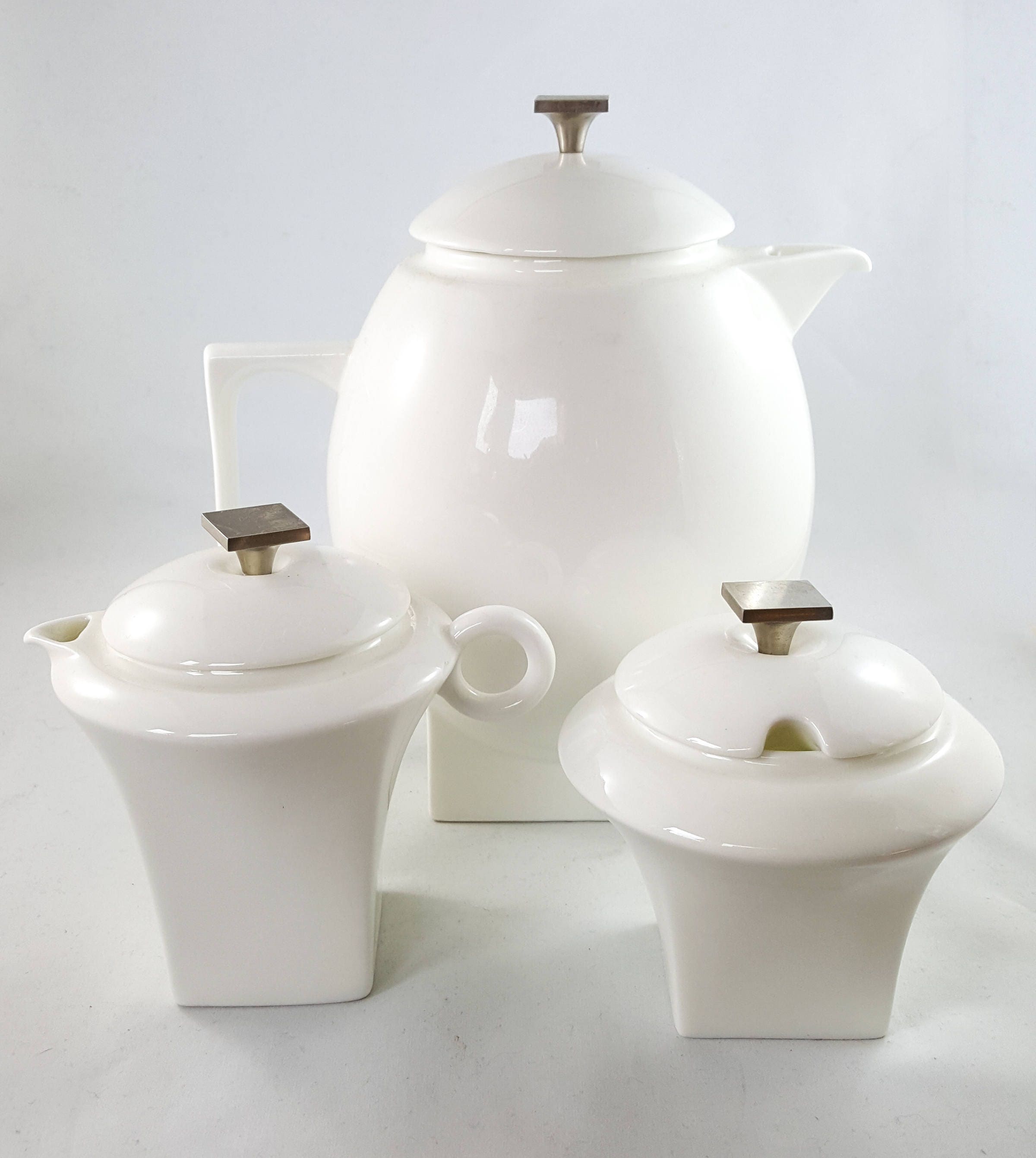MId Century Unmarked White and Chrome Modernist TeaPot and Cream and