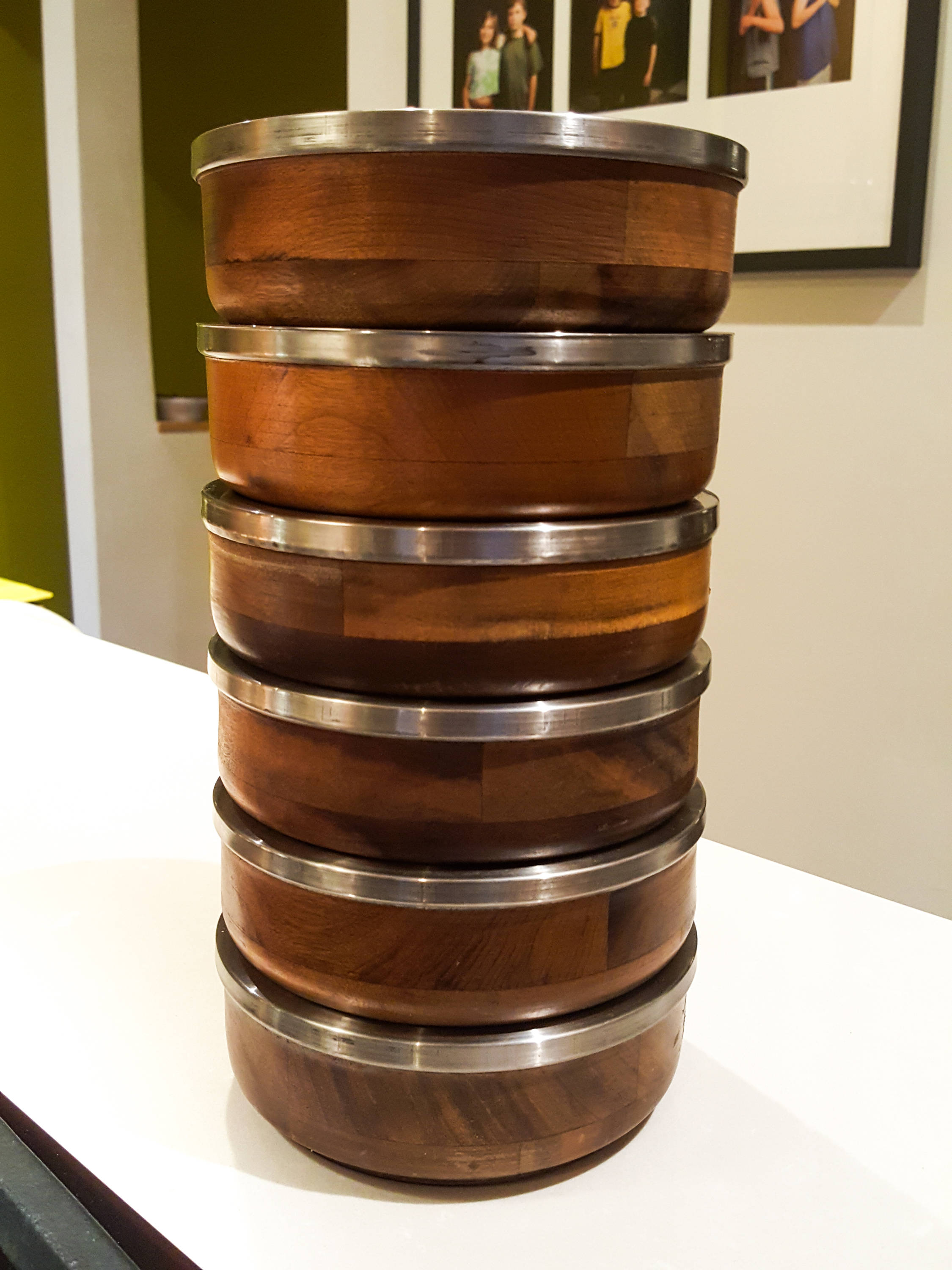 Beautiful Rare MidMod Brazilian Wood Salad Bowls with chrome rims