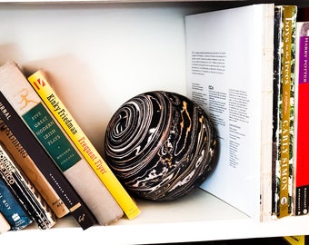 1950's Gorgeous Marbleized 5 pin Bowling Ball in Black and Orange