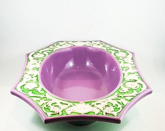 Fabulous Majolica Compote from Eichwald Czechoslovaki.Purple w/ Green bottom and pink and yellow roses green leaves embossed on outer rims