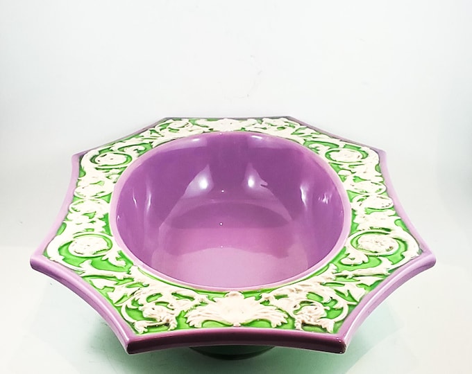 Fabulous Majolica Compote from Eichwald Czechoslovaki.Purple w/ Green bottom and pink and yellow roses green leaves embossed on outer rims