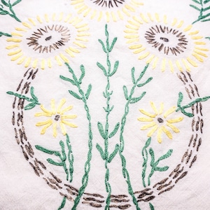 May include: Close-up of embroidered fabric with a floral design. The design features yellow flowers with brown centres, green stems, and brown leaves. The flowers are arranged in a circular pattern.