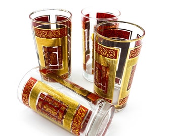 Set of 6 Mid Century Libbey Gilt and Red Mid Century Glasses Hollywood Regency, gold and red design 4 Hi-Ball Fathers Day, Christmas