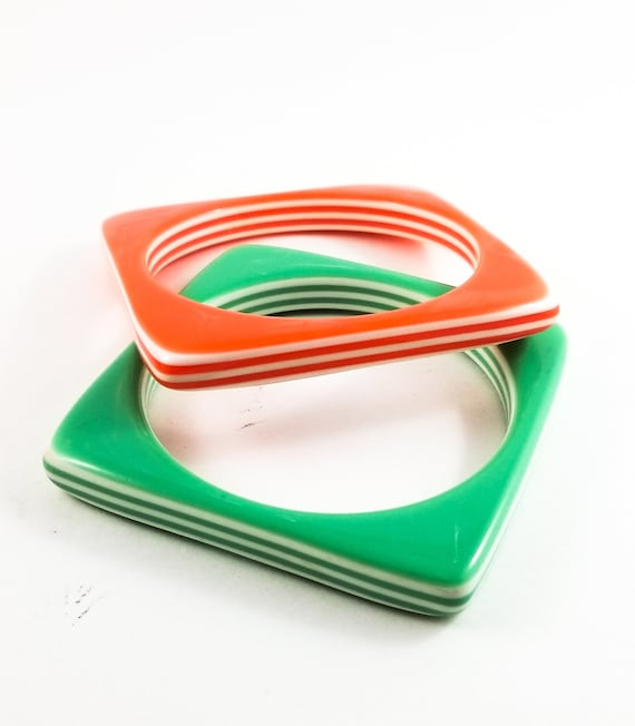 Gorgeous Pair of Square Lucite Bangles Orange and… - image 1