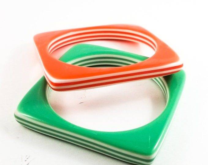 Gorgeous Pair of Square Lucite Bangles Orange and Green with White layering and rounded corners