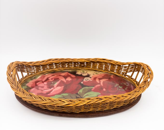 Vintage Wicker Serving Tray with Glass Over Floral Fabric with Roses
