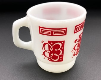 RARE Vintage RED Stylized Flower Milk Glass 8oz Mug Made in Canada Glass c1950s,Vintage coffee mug/hippie/kitschy