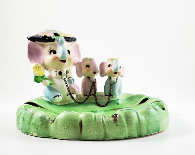 Super Cute Hand Painted Ashtray with Elephant Family. FUN! Trinket Dish, Loose Coins