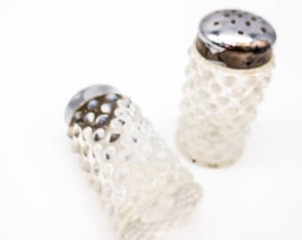Clear Opalescent Hob Nail Clear Glass Salt and Pepper with Chrome Tops