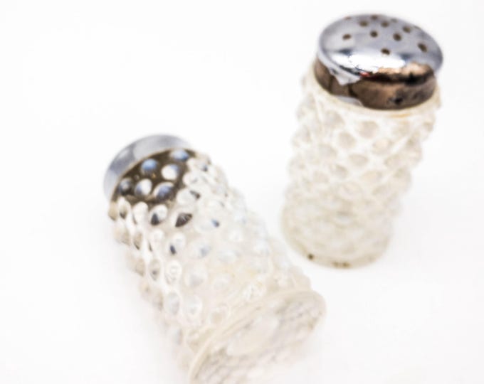 Clear Opalescent Hob Nail Clear Glass Salt and Pepper with Chrome Tops