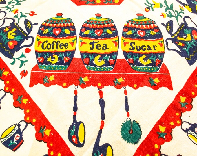 Beautiful 1950's Country kitchen Cotton Tablecloth with Kitchen Themed Objects like a coffee pot, Utensils, Coffee Cups, Coffee Grinder etc.