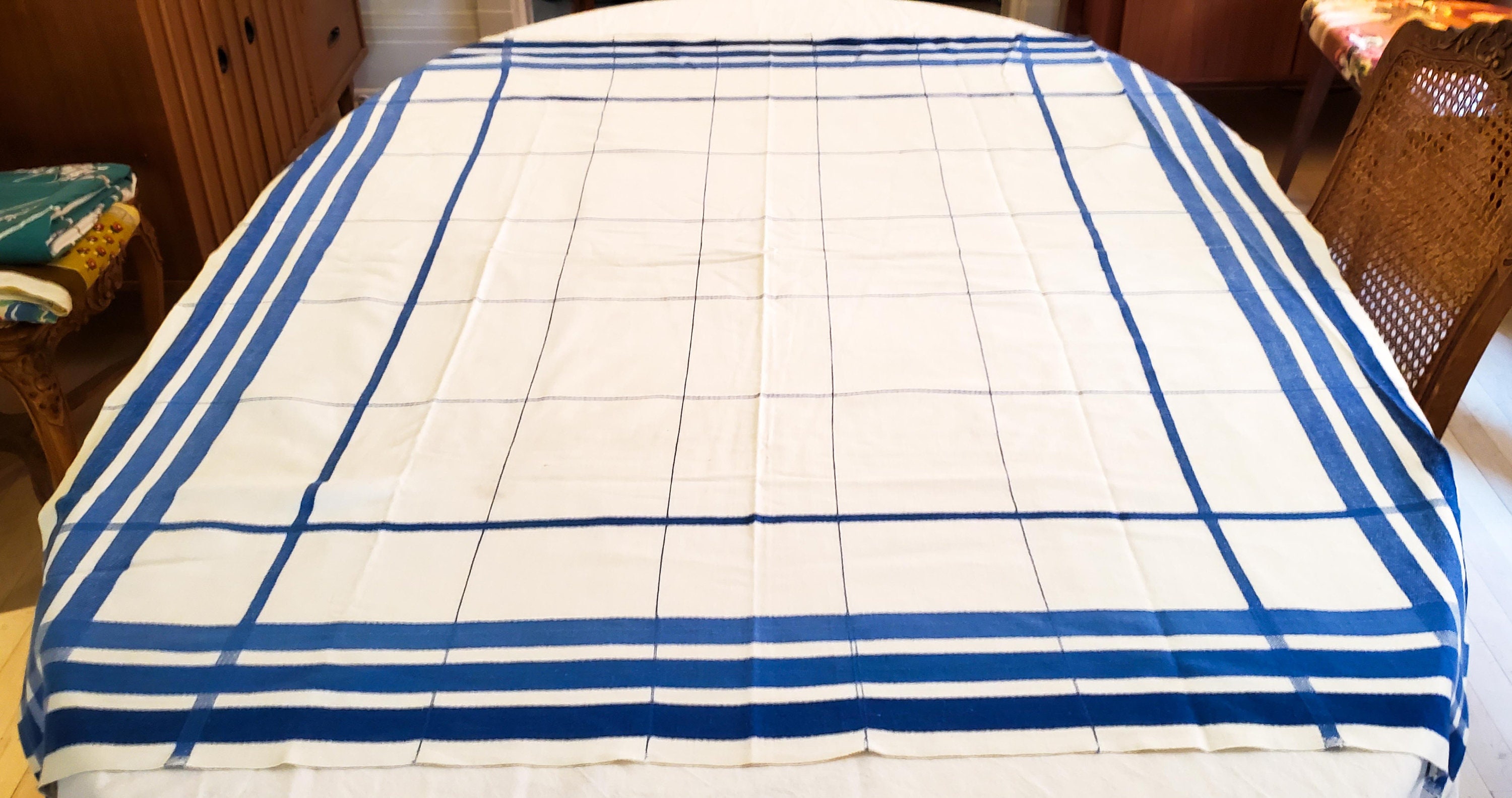1950's Country Kitchen Cotton Tablecloth with Blue White Plaid Motif