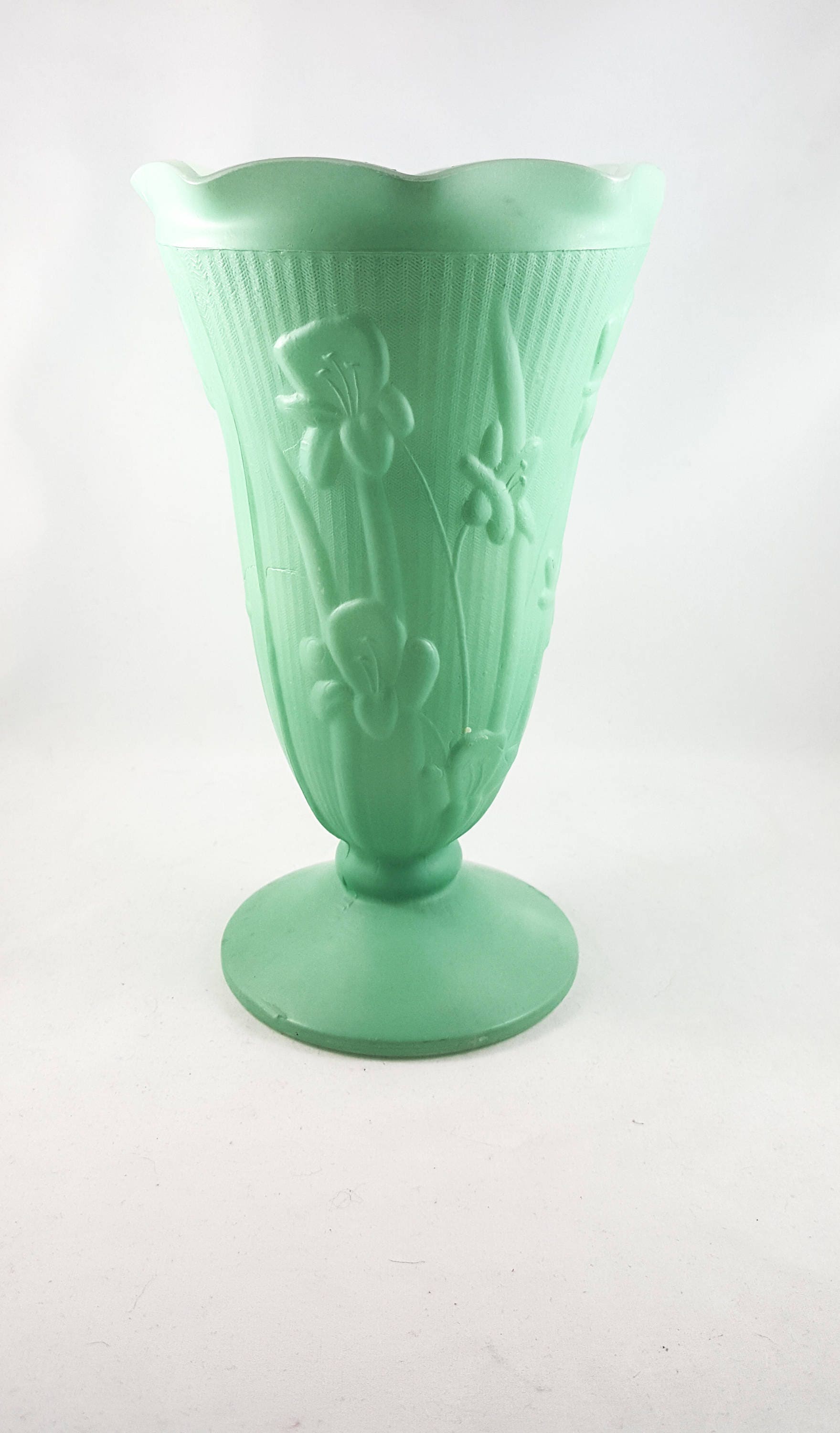 Beautiful Translucent Jade Milk Glass Pedestal Vase with Floral Relief