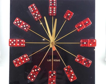 Fabulous Vintage Acrylic Black Vegas Casino Tabletop Clock with Red clear dice To mark the Numbers and Brass Hands