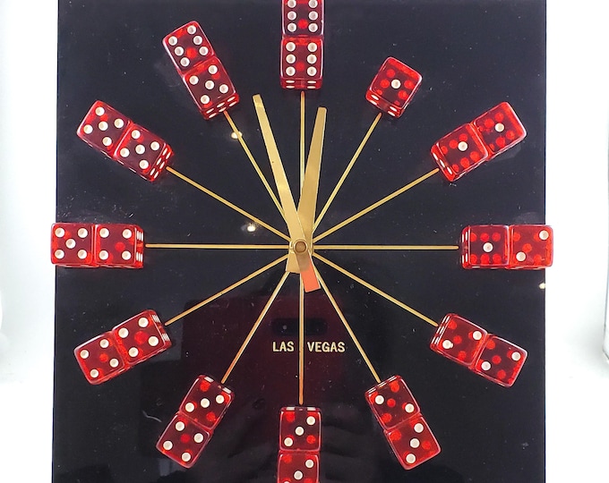 Fabulous Vintage Acrylic Black Vegas Casino Tabletop Clock with Red clear dice To mark the Numbers and Brass Hands