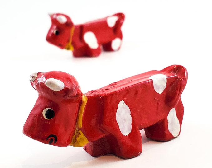 Sweet Cow Miniatures in Red with White Polka Dots and Yellow Cow Bells.