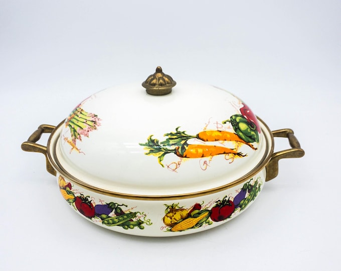 Mid Century Vintage unmarked Market Enamel and Brass Lidded Vegetable Casserole