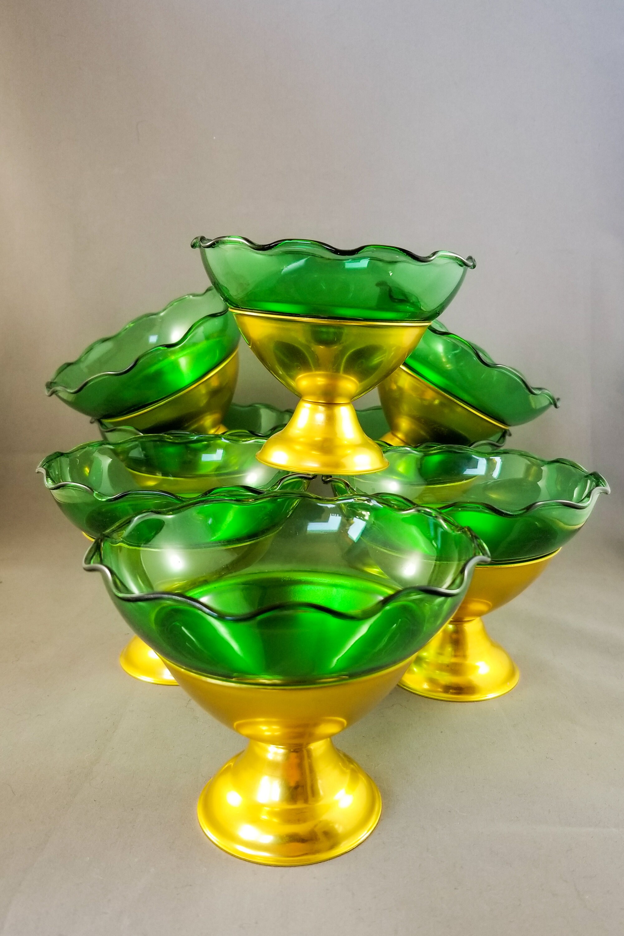 8 Gold Anodized Aluminum Sherbet Ice Cream Cups with 8 Emerald Glass
