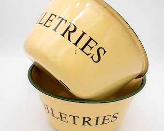 2 Large French Enamel Toiletrie Bowls in Yellow with Green Trim.