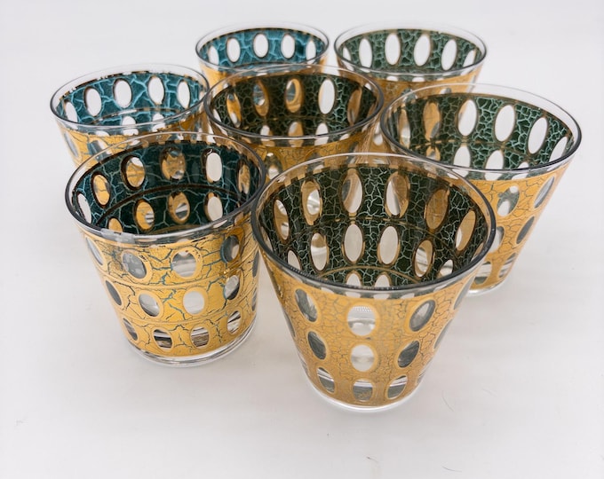 7 Gorgeous Gold and Blue Culver Pisa Rock Glasses, Old Fashioned Glasses 22 Karat Gold with BLUE Underlay MCM Lo-Ball Glasses