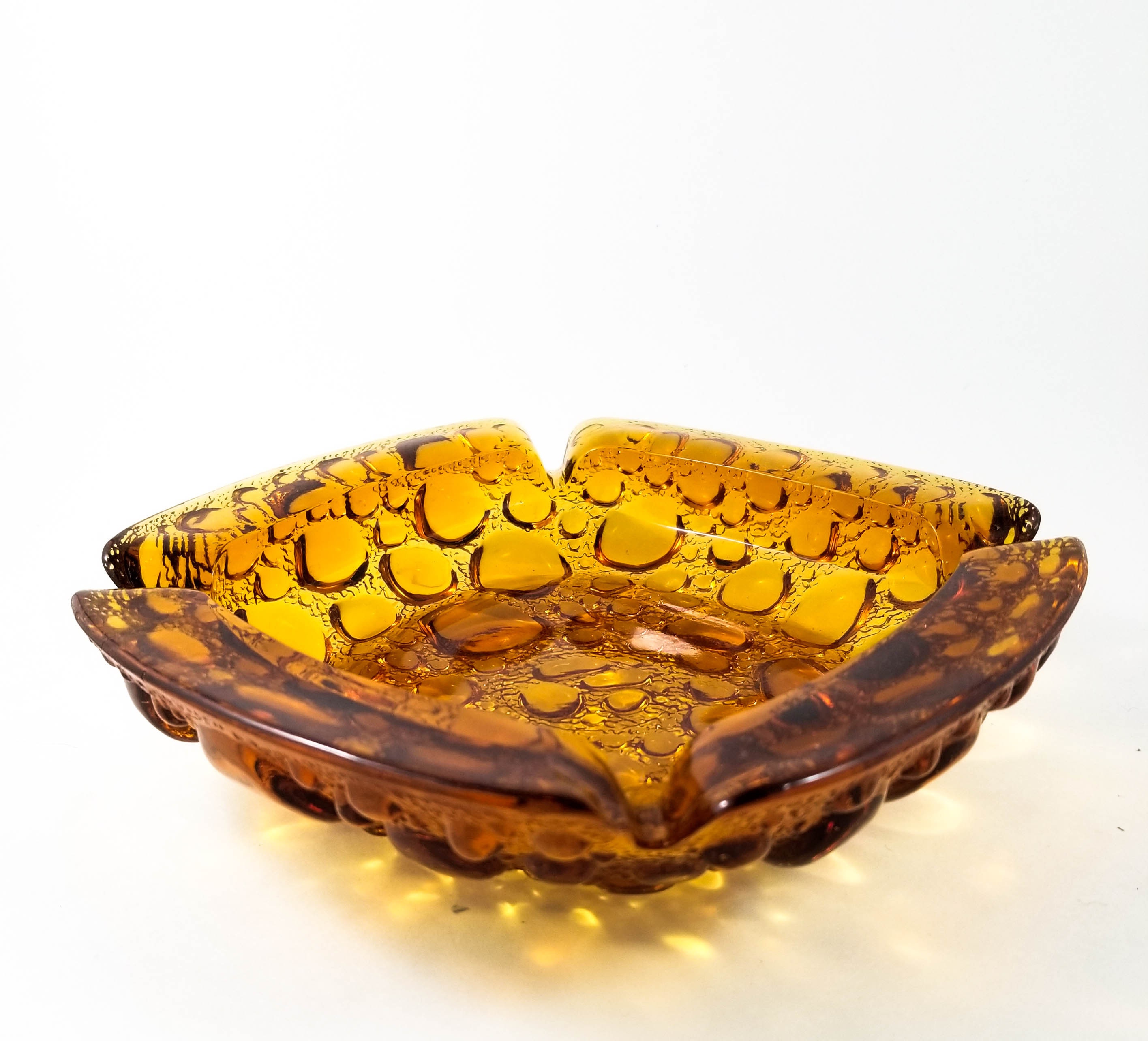 Fabulous Square Amber Bubble Glass Blenko Ashtray/Trinket Dish Large