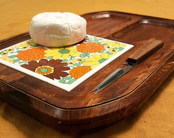 1970's Teak Cheese Board with Funky Floral Tile
