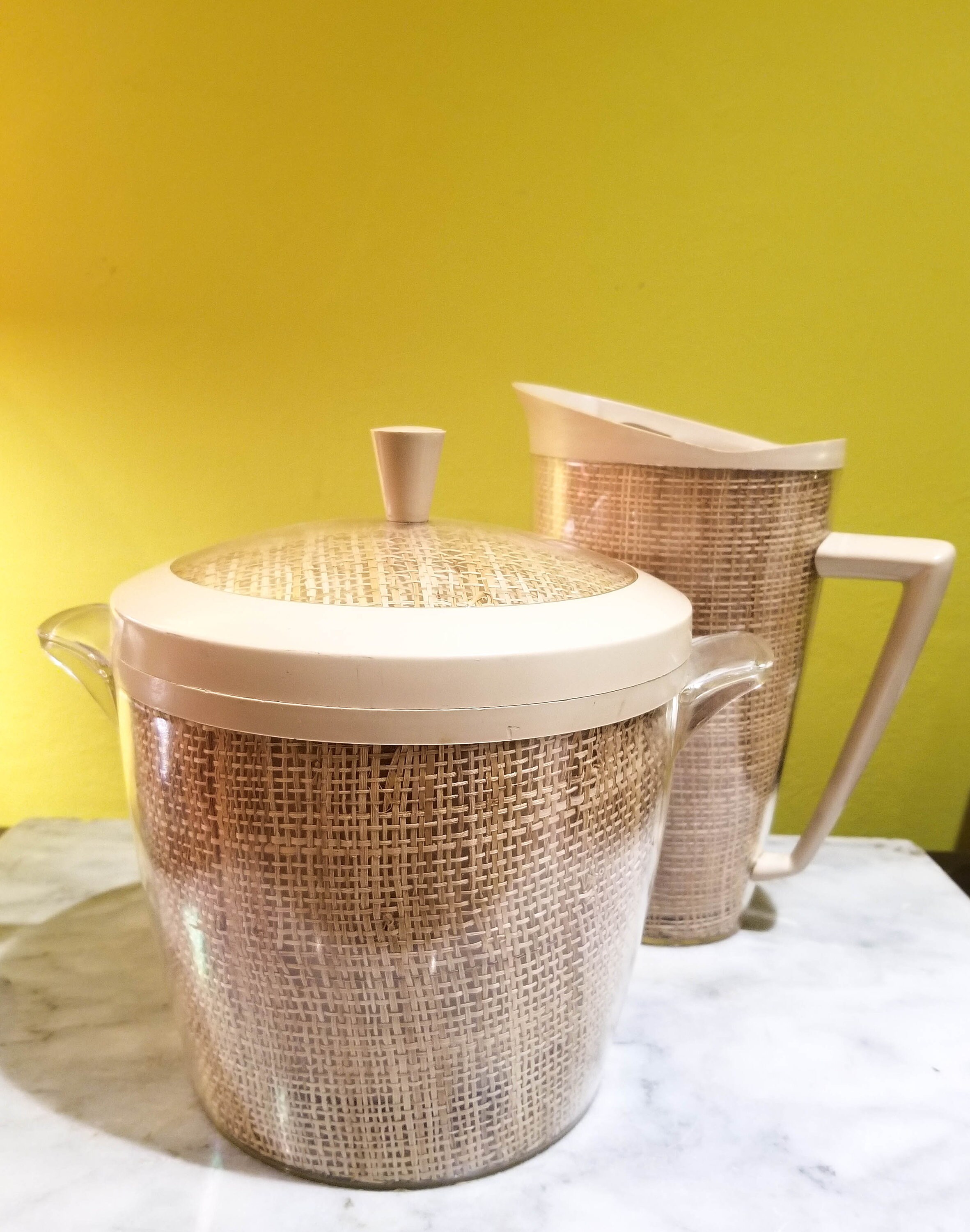 Vintage Raffia Ware Ice Bucket and Matching Pitcher/Collectible Raffia