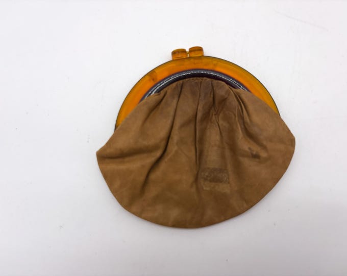 Beautiful small Vintage 1950's leather change purse with lucite frame and satin Lining and Kiss Clasp Closure