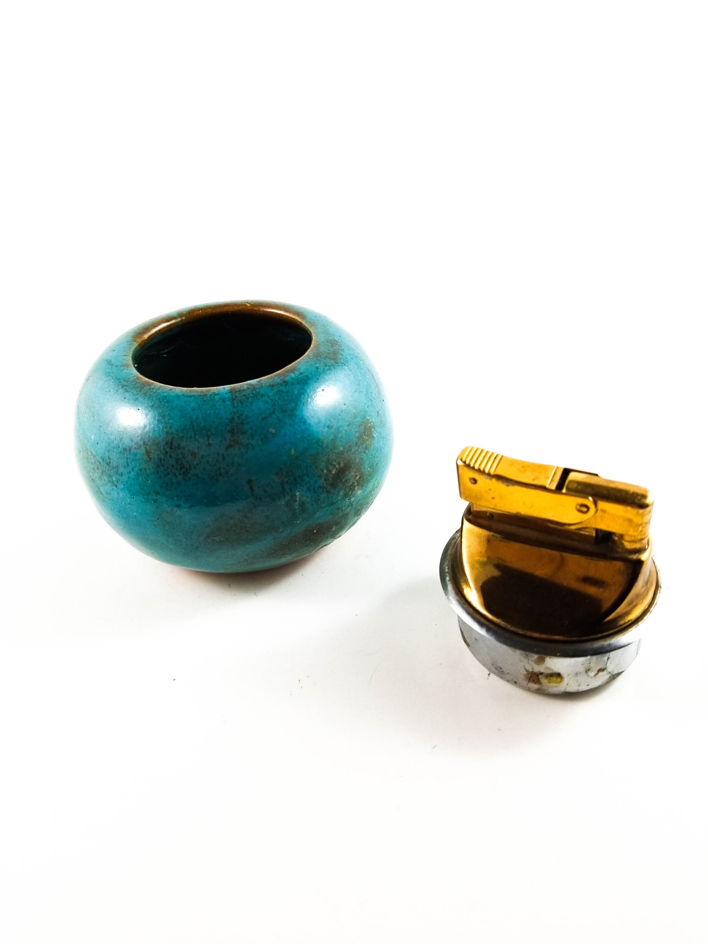 Beautiful Round Ceramic and Brass Vintage Lighter